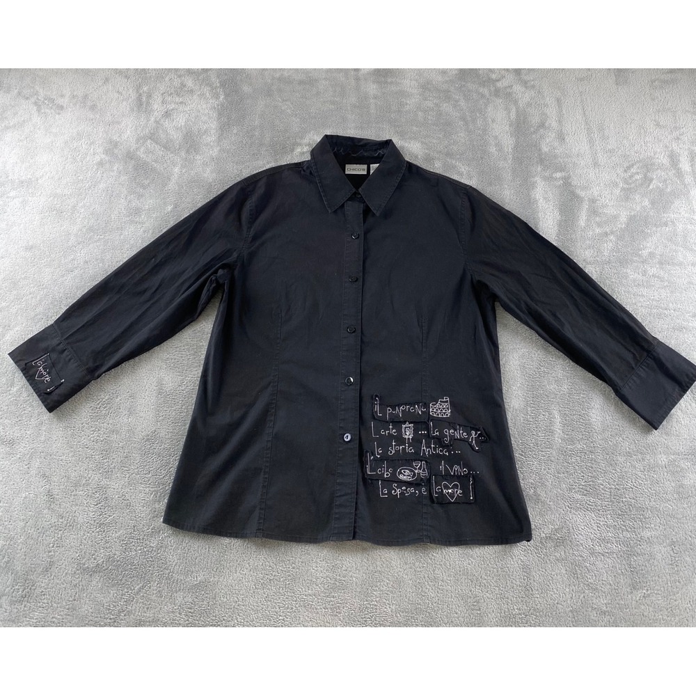 Chico's Black Italian Embroidery Patchwork Button Down Shirt Size 1 Medium